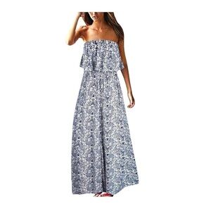 YIDARTON, OFF SHOULDER, SOFT COTTON, MAXI DRESS IN BLUE & WHITE. SIZE M